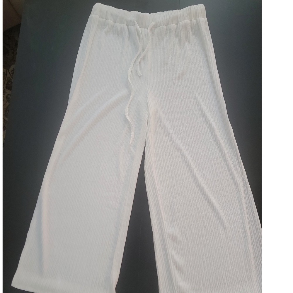 White Plisse Wide Leg Side Slit Drawstring Pants XL Casual Beach Lounge‎